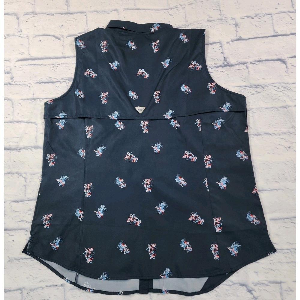 Columbia PFG WOMENS SIZE XL Navy Blue Floral Sleeveless Snap Button Shirt Top - Picture 7 of 9